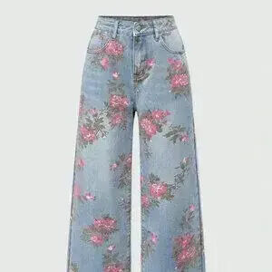 ZARA Pink Casual Women's Floral Print Washed Loose Wide-Leg Denim Jeans